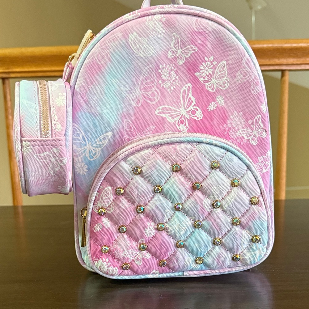 Under one sky -  Pink & Blue Butterfly backpack with Studded Front Pocket
